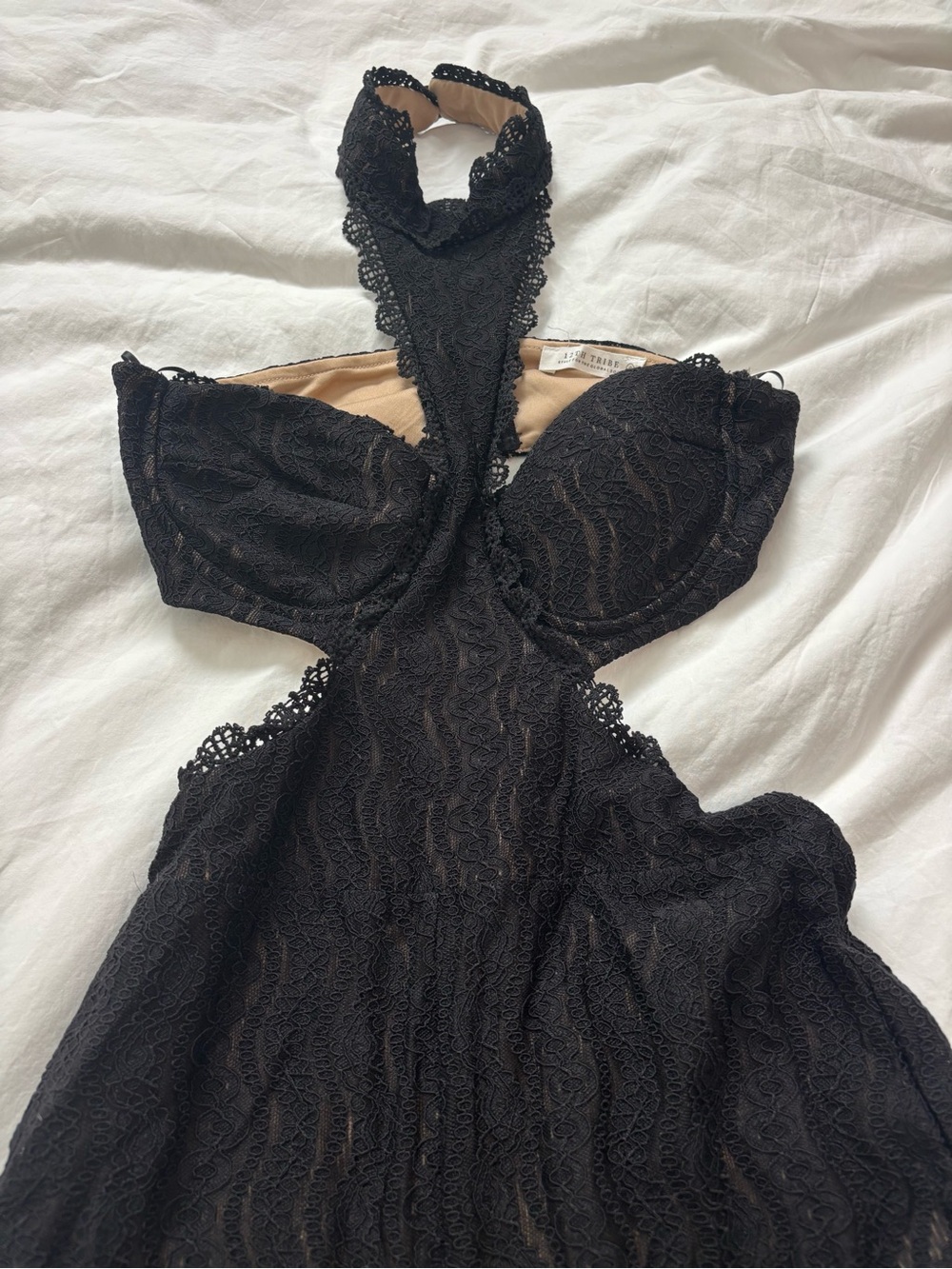 12th Tribe Black Lace Backless Halter Dress